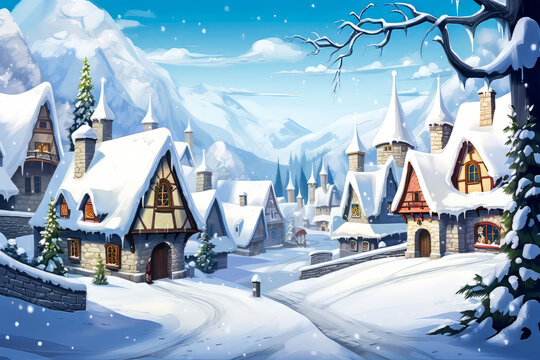 Cartoon Winter Village.  Generated Image.  A digital illustration of a quaint, cartoon village in winter.