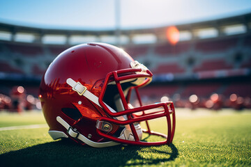 Close-up shot of American football helmet lying on green field of football stadium. Protective helmet with wire mask is an important element of a football player's equipment. Blurred background. - obrazy, fototapety, plakaty