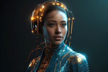 Portrait of young beautiful woman in futuristic costume with helmet. Virtual reality concept