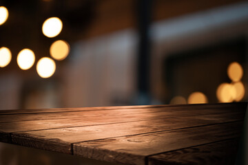 blurred background of bar and dark brown retro wooden table for product