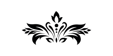 Abstract pattern, decorative element, clip art with stylized leaves, flowers and curls in black lines on white background. Central top ornament