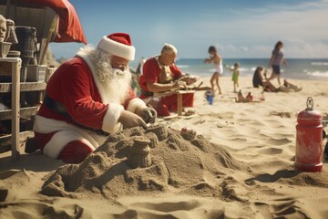 Santa Claus At The Beach, Building Sandcastles With His Elves During Summer Break - obrazy, fototapety, plakaty
