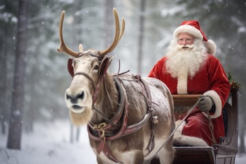 Santa Claus In Classic Red Sleigh, Dashing Through Snowy Forest With His Reindeer
