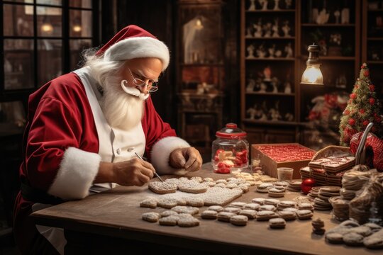 Santa Claus In Bakery, Decorating Gingerbread Cookies With Colorful Icing
