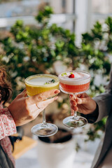 Close up of two female friends clinking and toasting with glass with cocktails in restaurant or bar