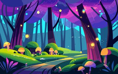 Night forest landscape with trees and road, glowworms and mushrooms shining in darkness. Wild wood fantasy background, dark mysterious place with plants under moonlight, Cartoon vector illustration