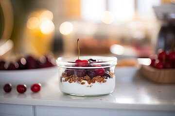 Delicious and healthy yogurt parfait with fresh berries and granola in a glass jar, ready for a nutritious breakfast.