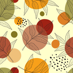 Vector seamless pattern with twig leaf outlines, dots and geometric shapes