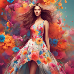 Obraz na płótnie Canvas A woman wearing a dress decorated with flowers.