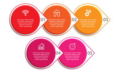 Five step, simple 3D infographic design with colorful colors, icons, text and lines. Great for your business presentations