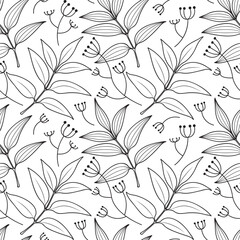 Vector seamless pattern with outline twig leaves, flowers. Floral textile design