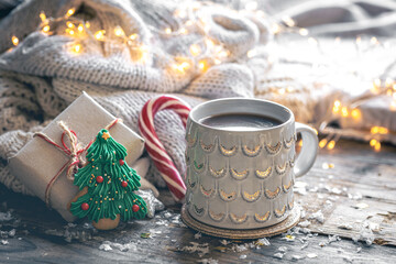 Winter composition with a cup of cocoa and decorative details.