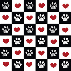 Plaid pattern christmas design with paw prints and hearts seamless fabric design pattern