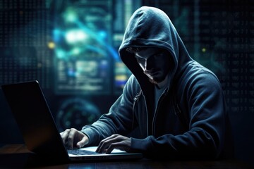 hacker in a hood with a laptop on a dark