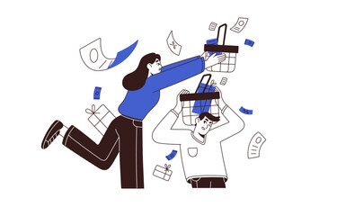 Sales lineart concept. Consumer catch discounts, collect gift in basket, cart. Customer motivation. Online shopping. Shopaholic make purchase. Marketing flat isolated vector illustration on white