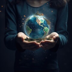 Earth crystal glass globe ball and tree in hands.