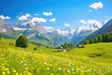 Fototapeta premium Idyllic mountain landscape in the Alps with blooming meadows in springtime. Generative Ai