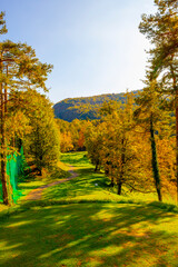 Hole 10 on Golf Course Menaggio with Mountain View in Autumn in Lombardy, Italy.