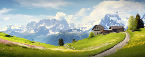 Idyllic mountain landscape in the Alps with blooming meadows in springtime. Generative Ai - obrazy, fototapety, plakaty