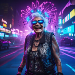 A kooky weird old woman with cybercore battle oufit laughing hysterically