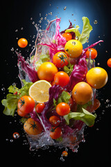 fruits and vegetables mix in water splashes, on dark background, fresh and healthy food