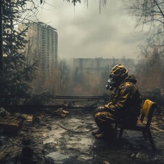 a lone stalker is sitting on the roof of a house in an abandoned city, wearing a protective suit and a gas mask
