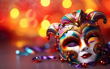 Naklejka premium Happy Mardi Gras poster. Banner template with a photorealistic Venetian carnival mask and feathers, on orange background. Costume party flyer for masquerades. Bokeh, de focus. AI Generative