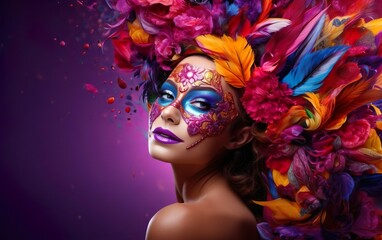 Happy Mardi Gras poster. A pretty woman with Venetian masquerade style makeup looking over the shoulder, bright feathers on purple background. Costume party carnival outfit. Body art. AI Generative