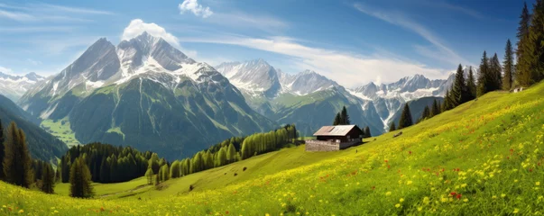 Wall murals Meadow, Swamp Idyllic mountain landscape in the Alps with blooming meadows in springtime. Generative Ai