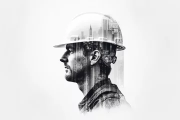 Foto op Plexiglas .Double exposure photography of construction worker and skyscraper, on white background © Pichsakul
