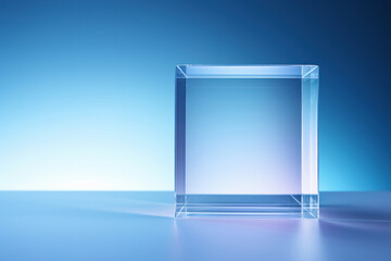 Transparent glass cube on a blue gradient background. Transparent background texture with a dream for text. Generated by artificial intelligence