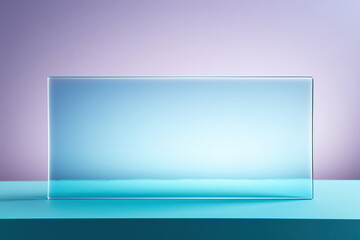 Transparent glass rectangle on a turquoise podium. Frosted glass texture. Generated by artificial intelligence