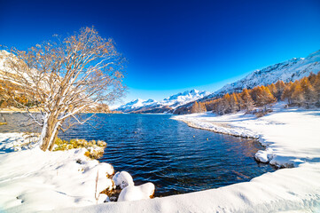 Engadine, Switzerland, Sils Maria lake, the village of Isola and the snowy landscape.
