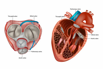 Structure of the Heart valves anatomy. Mitral valve, pulmonary valve, aortic valve and the tricuspid valve. - obrazy, fototapety, plakaty