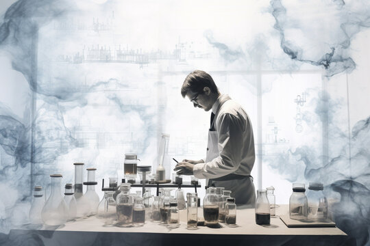 Double exposure photography of scientist and experiments lab, on white background