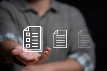 Questionnaire online with checkboxes, Businessman Take an assessment, Evaluation, Online survey online exam Choosing the right answer in the exam, Test questions. Filling out an online survey form.