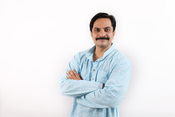 Happy rural Indian farmer standing in the white background, the passionate farmer full of...