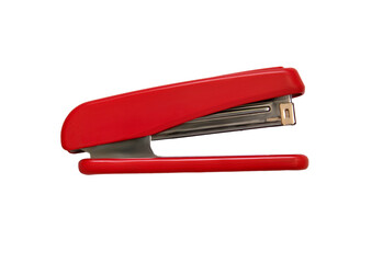 Red color stapler close-up isolated on white background - obrazy, fototapety, plakaty