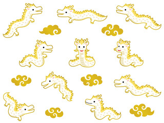 金縁のついた白い龍と金の雲のイラストセット