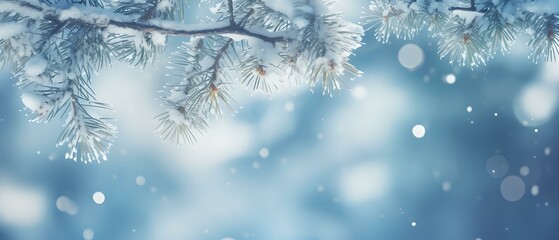 Frosty Elegance: Fir Branch Glistening in Snow against Winter Backdrop