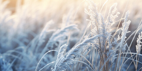 grass covered with frost on top, scene of winter. 