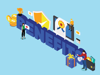 Benefits for worker, buyer isometric 3d vector illustration concept for banner, website, landing page, flyer, greeting card, etc