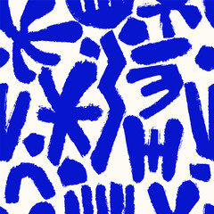 Naive bold abstract shapes seamless pattern in blue doodle grunge style. Matisse pattern in bright childish colors. Messy graffiti sketch wallpaper print. Aesthetic Swiss contemporary backgrounds.