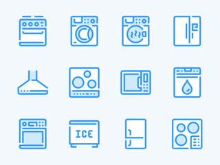 Household Appliances vector line icons. Appliances for Kitchen and Home outline icon set. Oven, Refrigerator, Stove, Microwave, Dishwasher, Washing Machine and more.