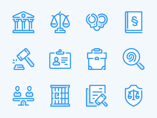 Law and Justice vector line icons. Judgment and Legislation outline icon set. Scales of Justice, Handcuffs, Courthouse, Evidence, Verdict, Prison Cell, Punishment, Authority, Jail and more.