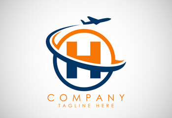 Initial alphabet H with aeroplane. Travel icons. Aviation logo sign, Flying symbol. Flight icon