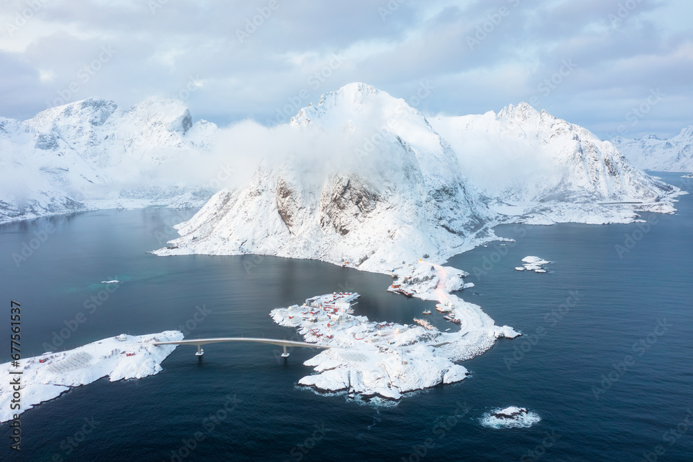 Wall mural aerial view on the lofoten islands, norway. landscape in winter time during day time. view from dron