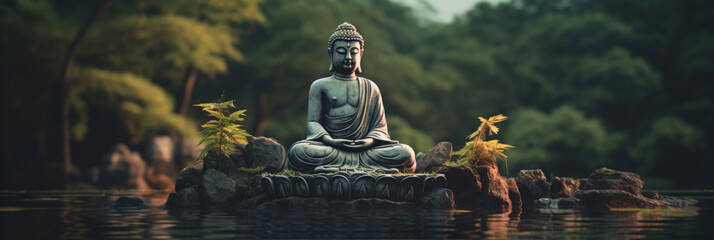 Medtitative Zen buddha statue on water backgorund. - obrazy, fototapety, plakaty