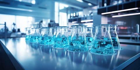 Scientific lab with experiments involving blue fluid