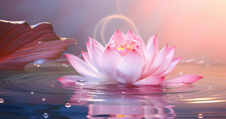 a pink lotus flower floating in a water on a clear day - obrazy, fototapety, plakaty